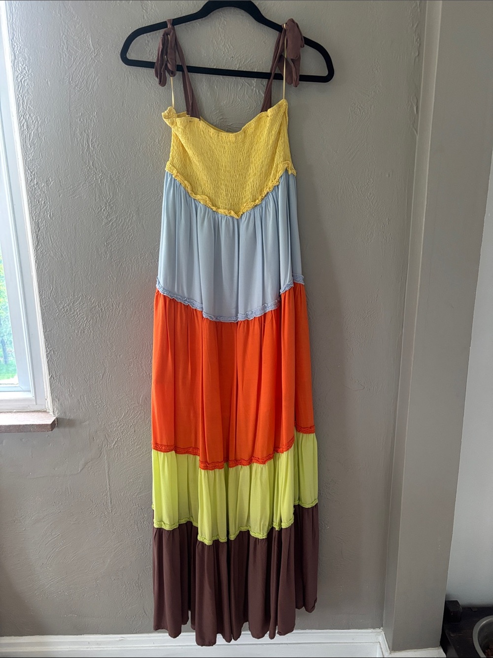 Davi & Dani Yellow Smocked Maxi with Brown Straps